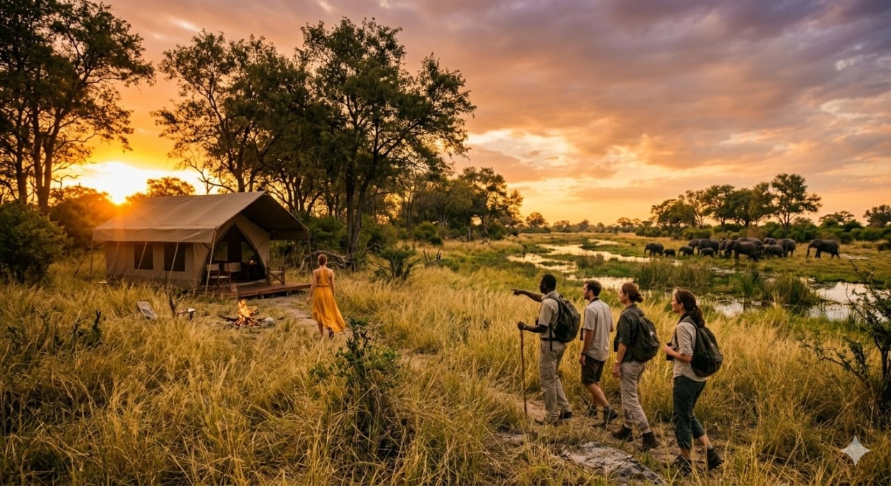Tented camp at sunset in Botswana